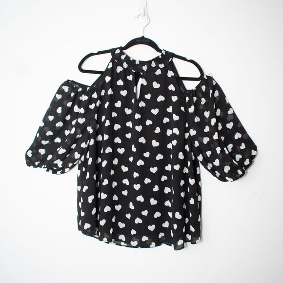 Cato Keyhole Neckline Cold Shoulder 3/4 sleeve Sheer Heart Print Blouse XL - Picture 2 of 8